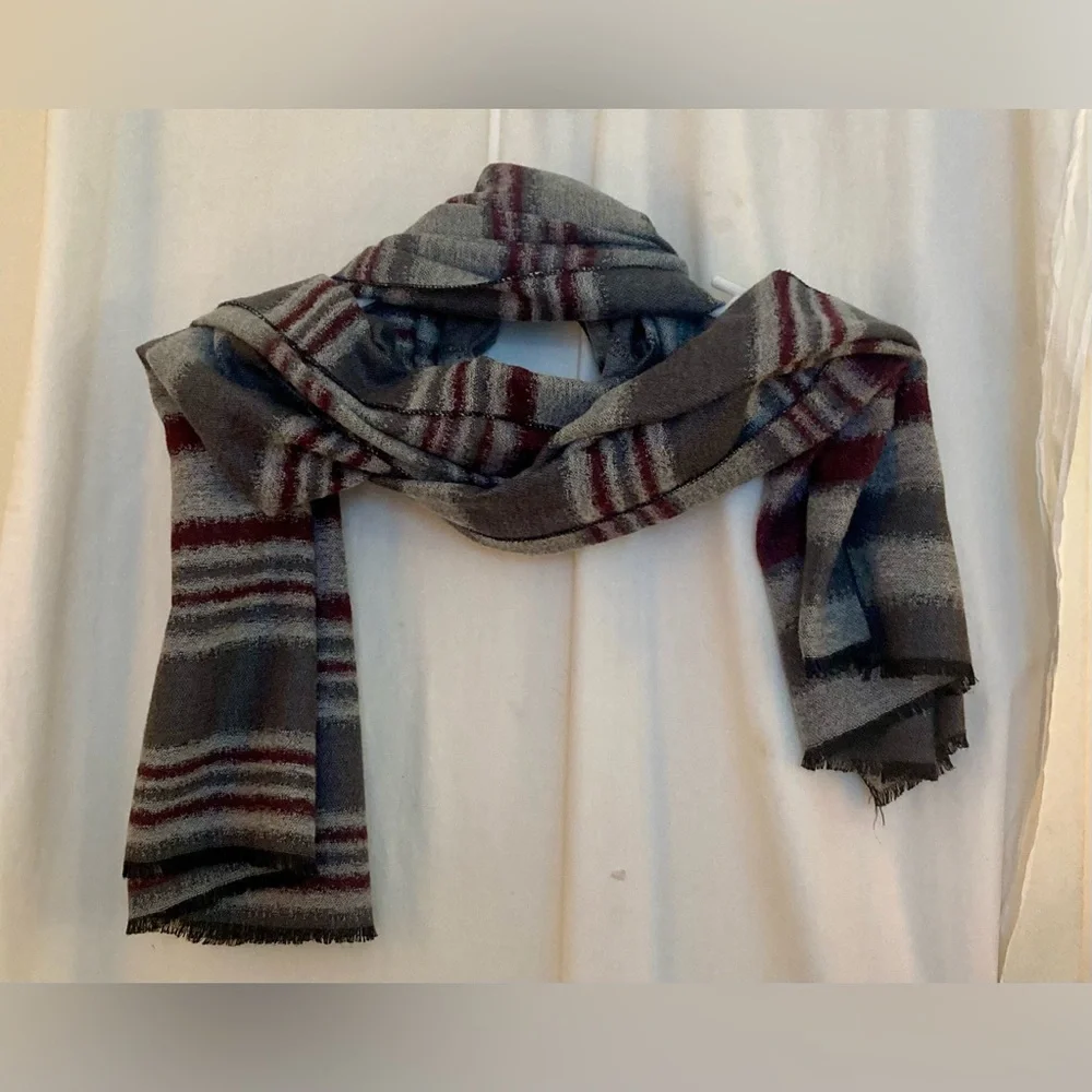 Striped Soft Lightweight Wool Scarf - Gray/Burgundy/Tan 74” x 26”